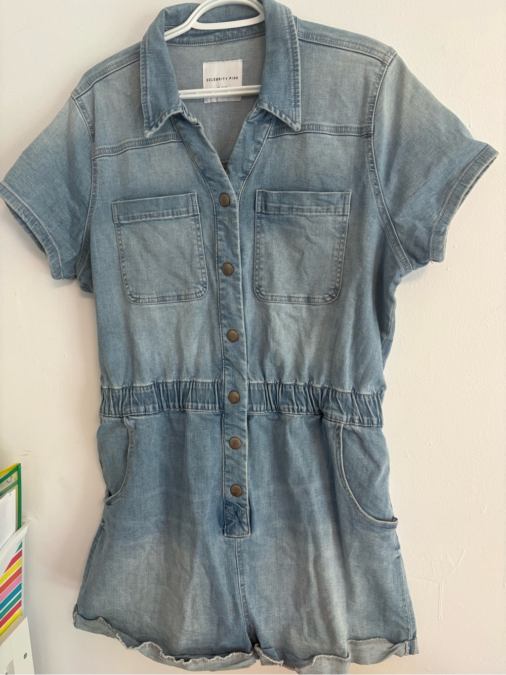 Celebrity Pink Washed Light Blue Denim Romper with Front Pockets